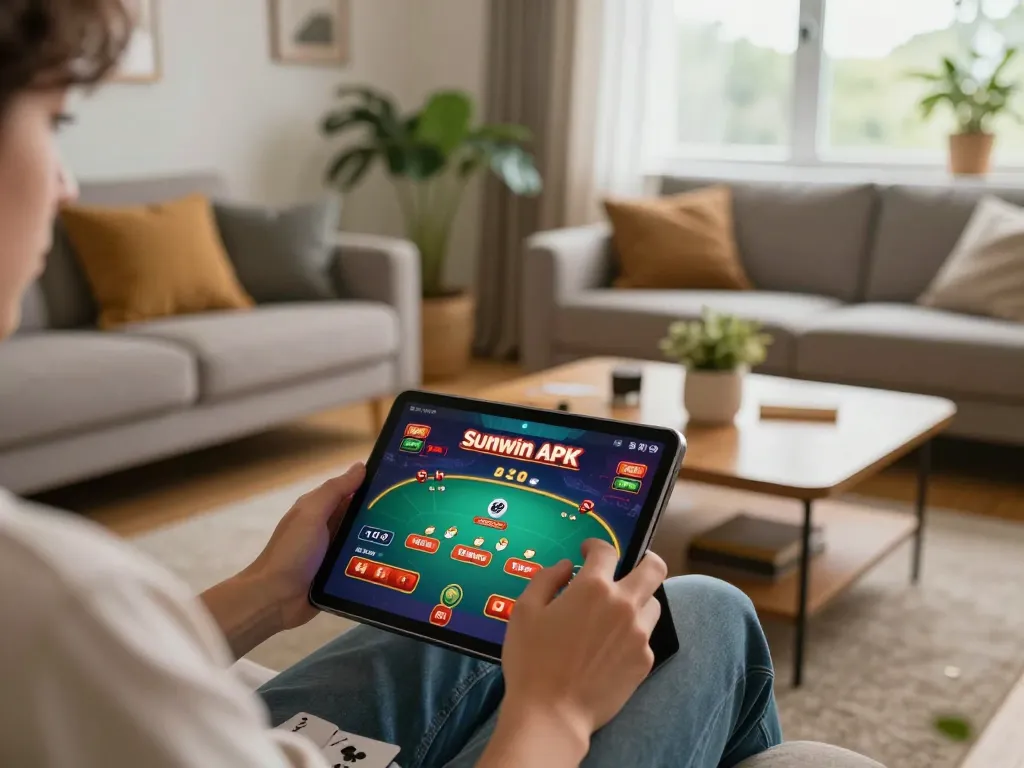 Play poker on Sunwin APK in a cozy home environment with a tablet and strategy notes nearby.