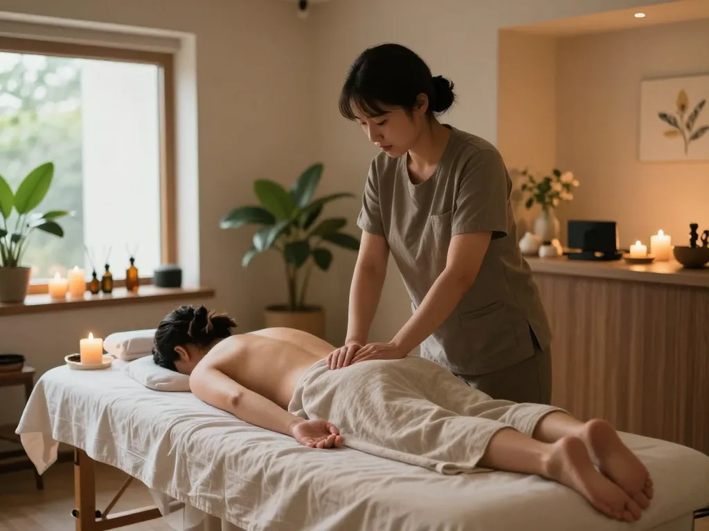 Experience a soothing 부전동마사지 session in a serene wellness center with calming ambiance and nature elements.
