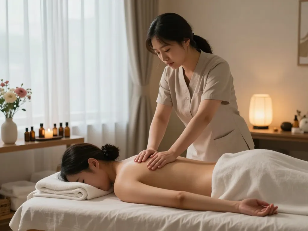 편안한 조명과 자연 요소가 돋보이는 평화로운 웰니스 스튜디오에서의 역삼동마사지 릴렉싱 세션.