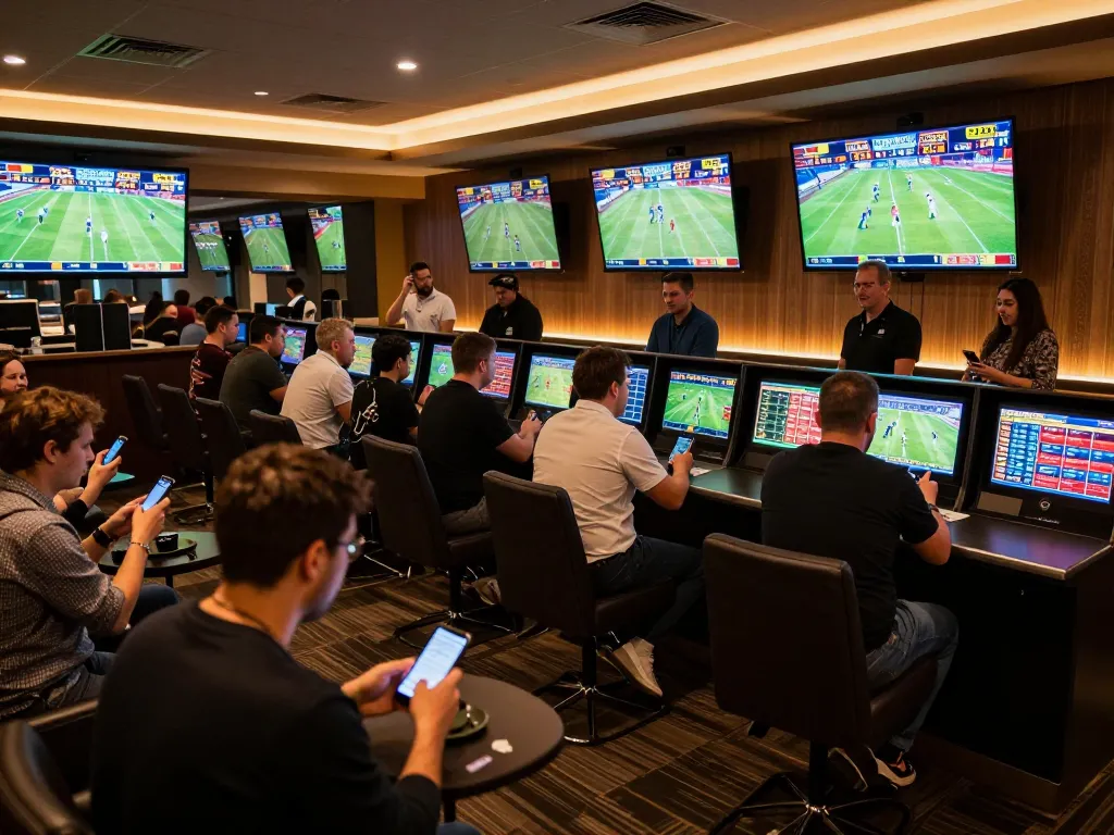 Fans placing bets on Cakhia TV during an exciting live sports match in a vibrant lounge.