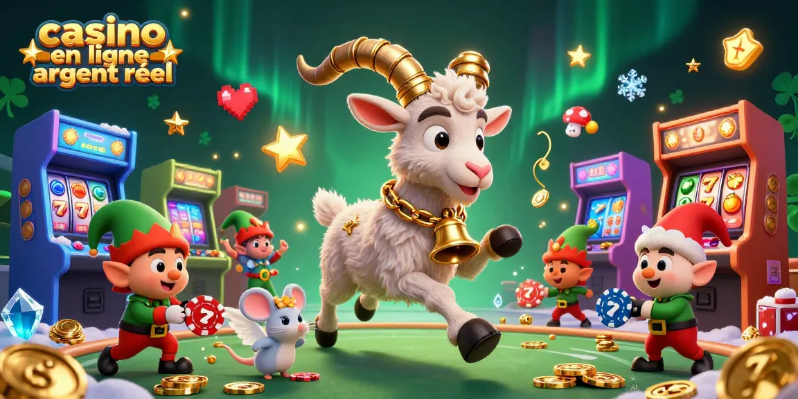 Illustration d'un casino en ligne argent réel dirigé par un Krampus, avec des elfes et des machines à sous.