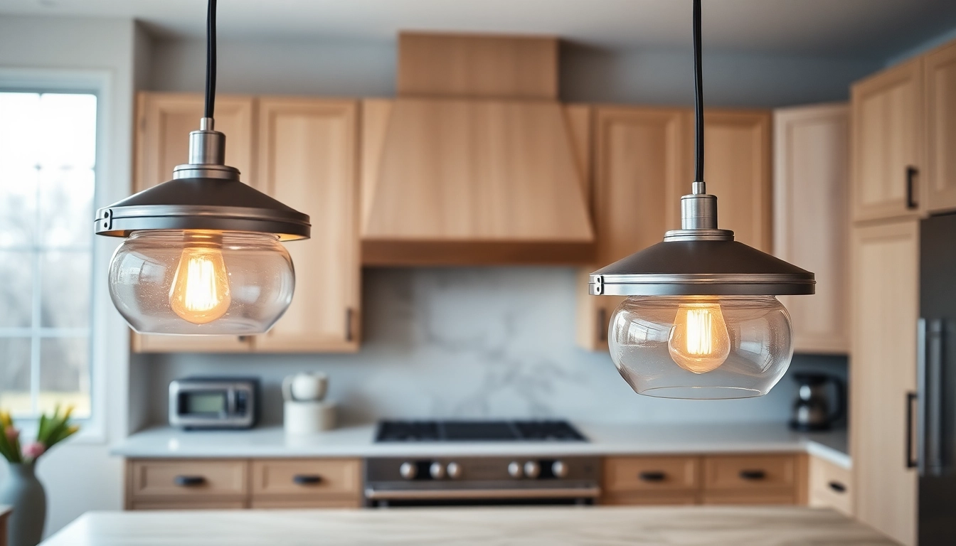 Stylish island light fixtures providing a warm ambiance over a modern kitchen island, enhancing the decor.