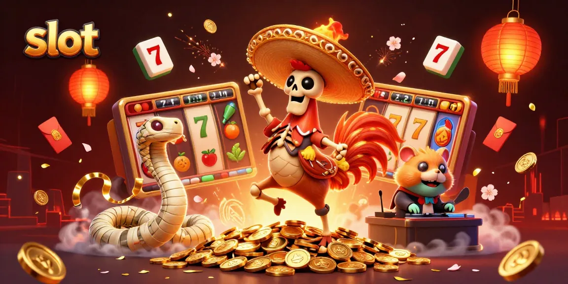 Slot permainan dengan kartun tengkorak dan ayam mariachi menari di atas koin emas.