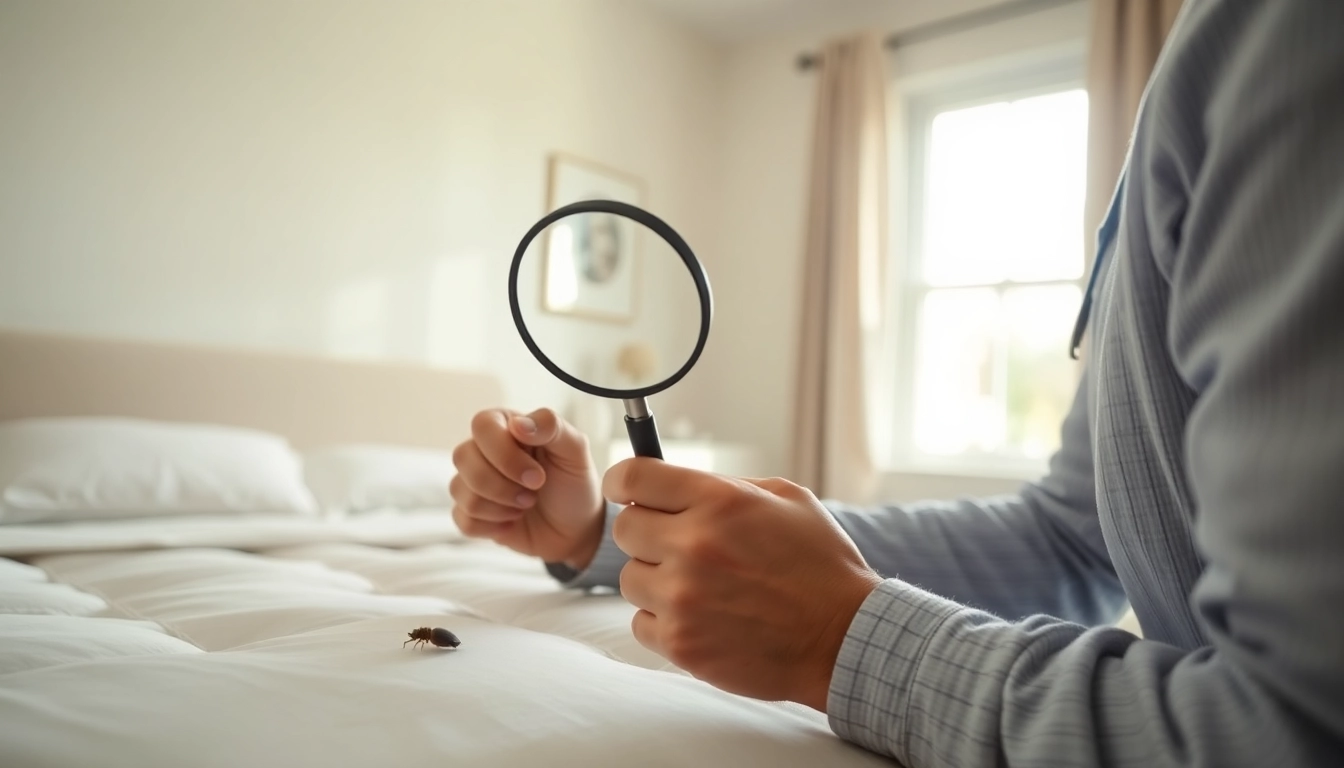 Bed bug extermination services technician examining bedding for infestations.