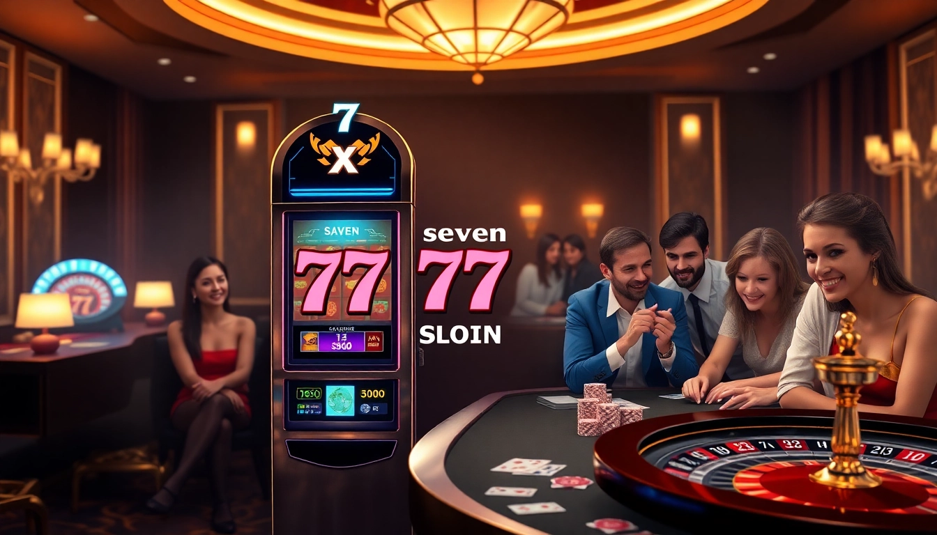 Experience the thrill of seven 77 slot login at a vibrant casino scene with players engaged and winning.