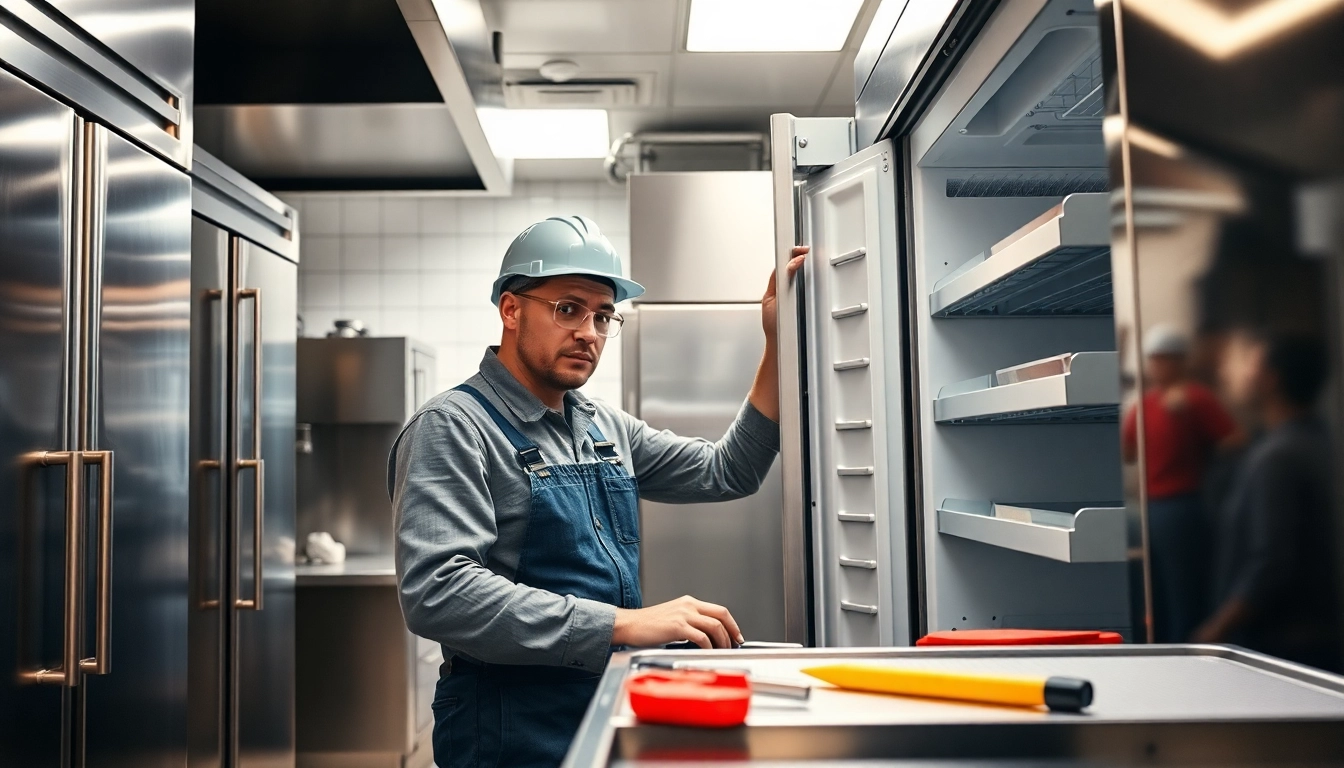 Technician performing commercial appliance repair on a refrigerator in a bustling kitchen.