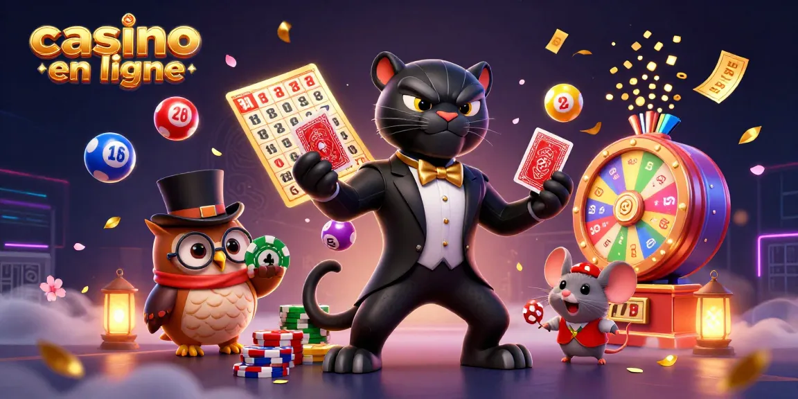 Jouer sur un casino en ligne avec un panthère, un hibou et une souris entourés de jeux.