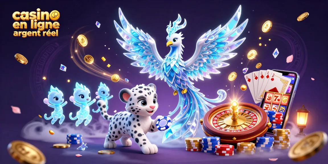 Jouez au casino en ligne argent réel avec le phoenix de glace et des créatures lumineuses dans une scène magique.