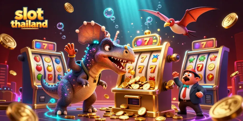 Witness a pachycephalosaurus headbutting a slot machine in this vibrant slot thailand-themed casino scene.