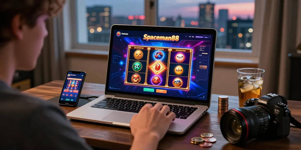 Enthusiast playing Spaceman88 online slots with vibrant graphics and cozy setup.