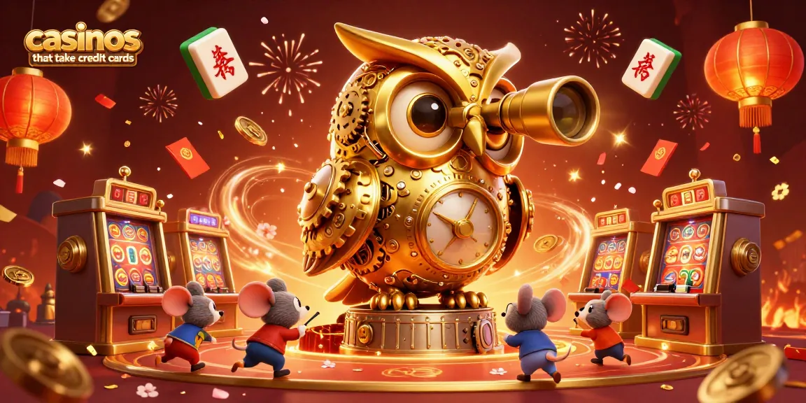 Experience the excitement at casinos that take credit cards with our vibrant illustration of a clockwork owl in a bustling gaming scene.