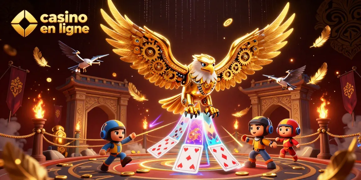 Casino en ligne : plongez dans un monde virtuel avec un aigle cyborg au milieu de cartes holographiques.