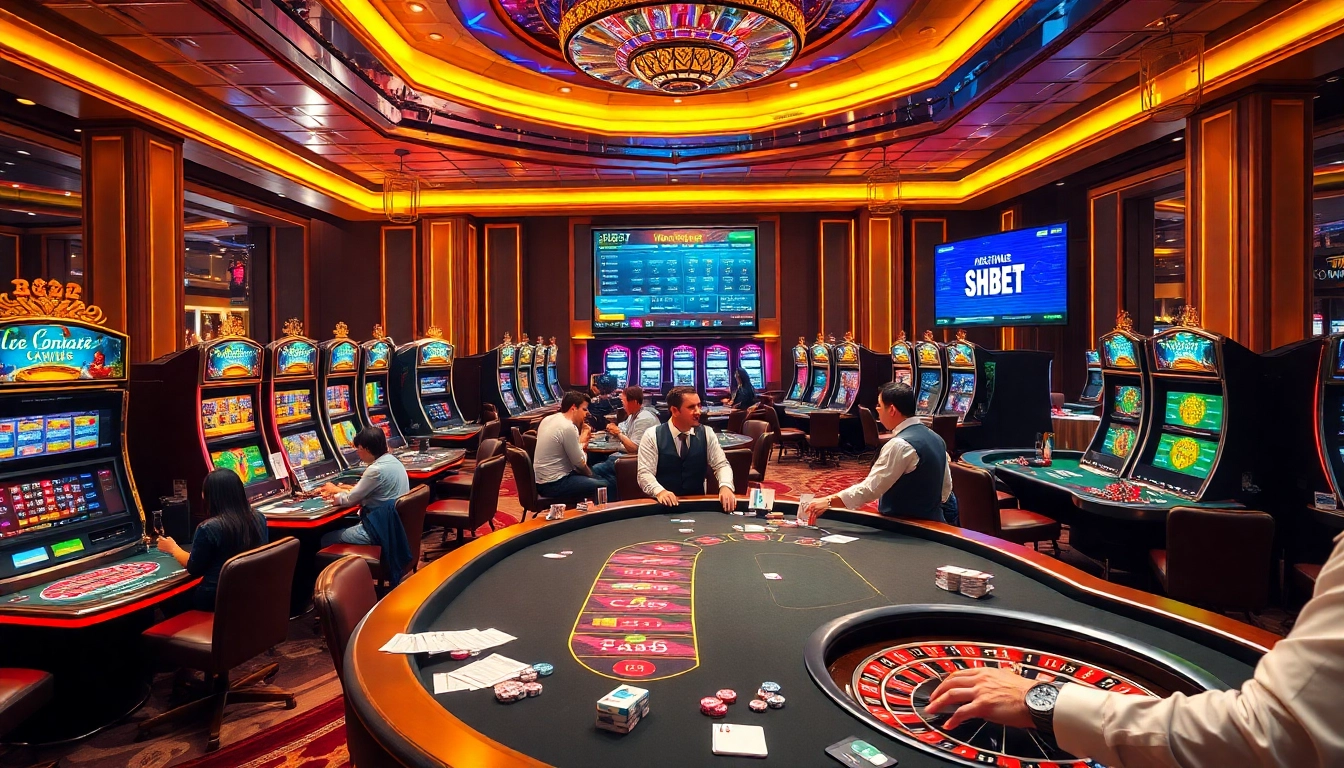Experience the excitement of SHBET with players at a luxurious casino table engaging in thrilling games.