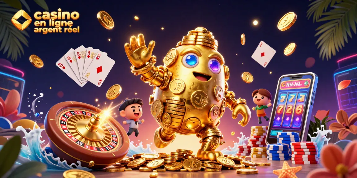 Gagnez avec le casino en ligne argent réel dans une illustration animée colorée de jeux de hasard.