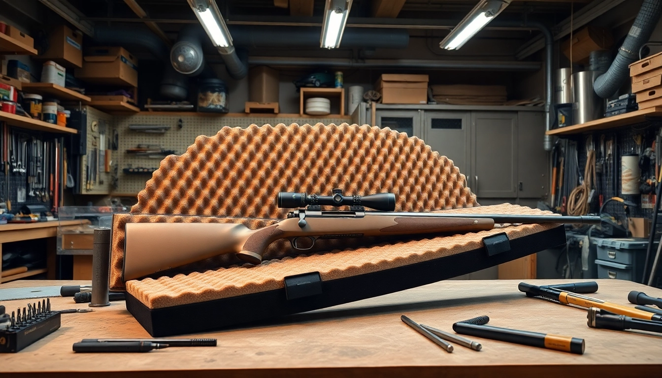 Craft detailed foam for rifle case with high-density padding in a well-lit workshop.