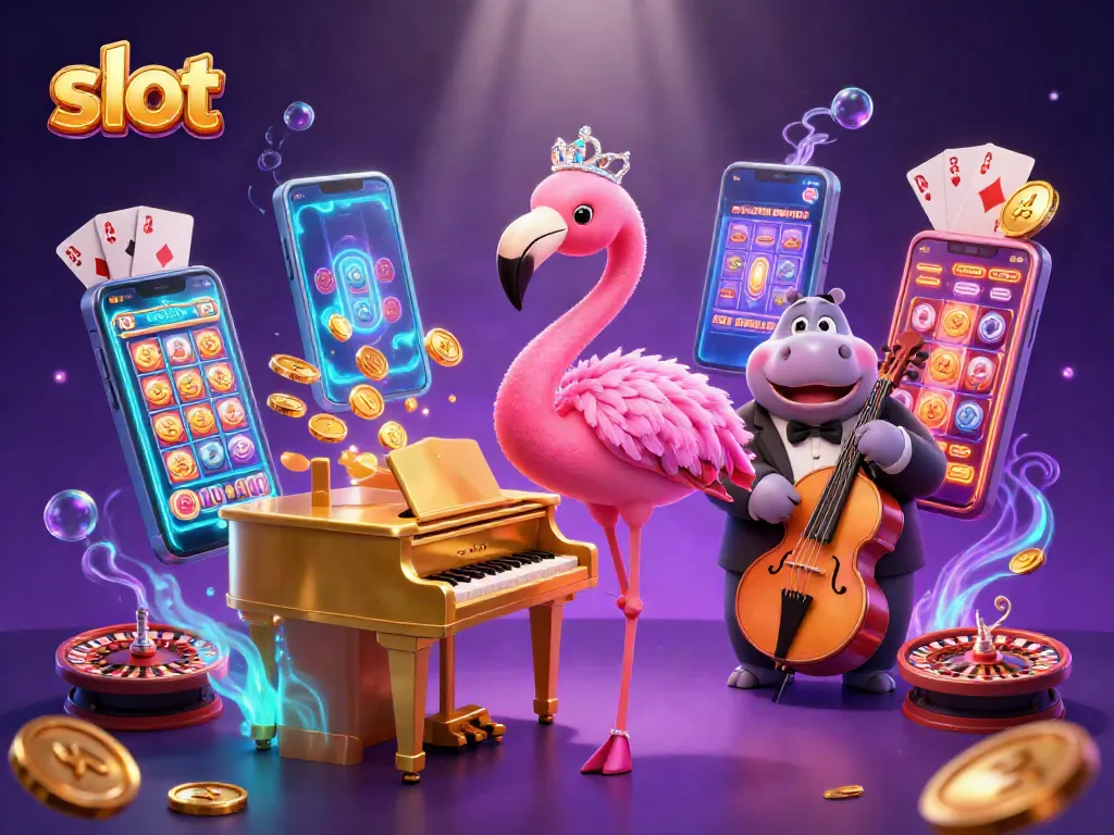 Play exciting slot games with vibrant characters like a flamingo singer and hippo bassist.