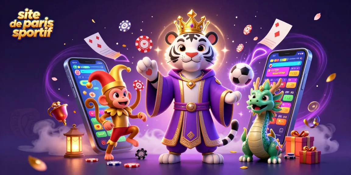 Plongez dans le site de paris sportif avec des personnages animés entourés de jeux de paris, de trophées et de billets.