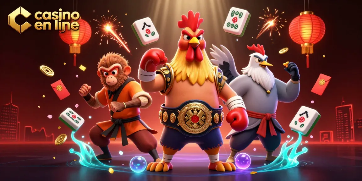 Découvrez les jeux de casino en ligne avec une illustration dynamique de personnages emblématiques et éléments de jeu.