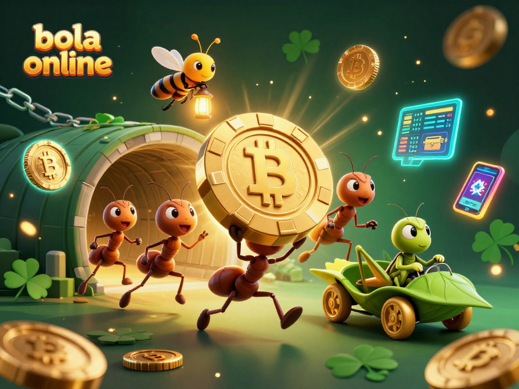 Engage in bola online with a dynamic heist scene featuring animated ants and crypto elements.