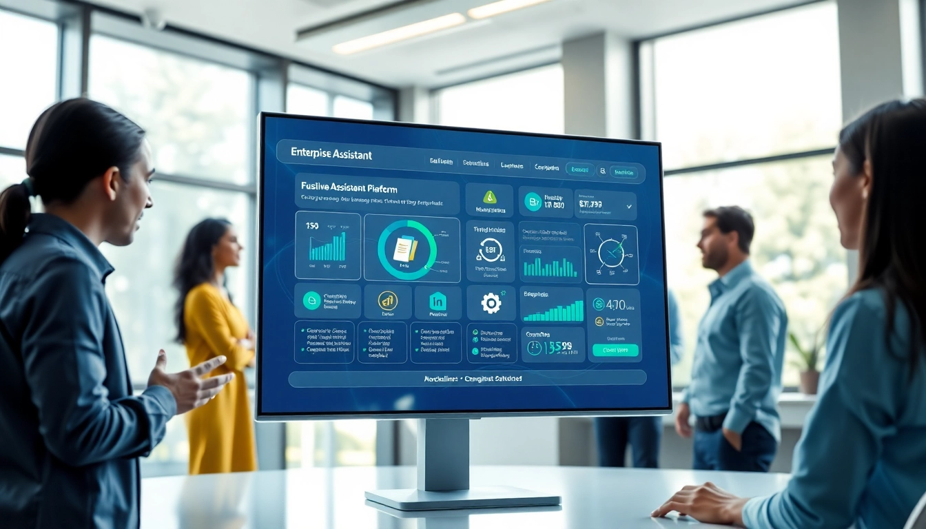 Illustration of an enterprise assistant platform enhancing team collaboration in a modern office.