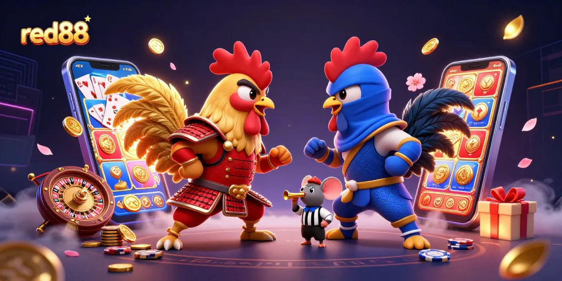 Experience the thrill of red88 with 3D roosters and exciting gambling elements in this dynamic digital art.