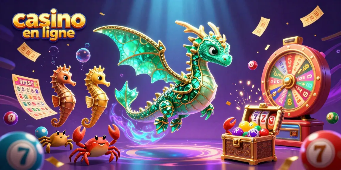 Illustration 3D illustrant le casino en ligne avec un dragon marin et des boules de loterie colorées.