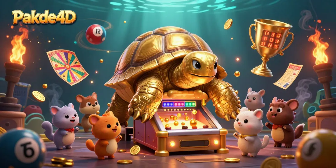 Engage with Pakde4D's thrilling lottery experience featuring a 3D golden tortoise and vibrant game elements.