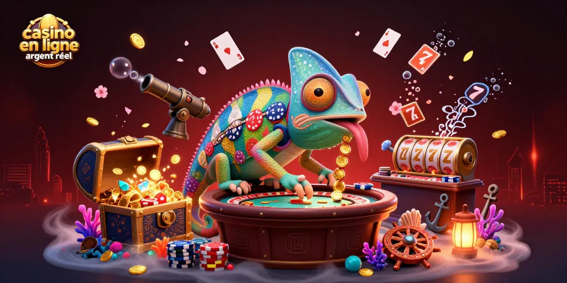 Le casino en ligne argent réel propose une illustration captivante de jeux avec un caméléon propriétaire au milieu des trésors et des éléments de jeux.