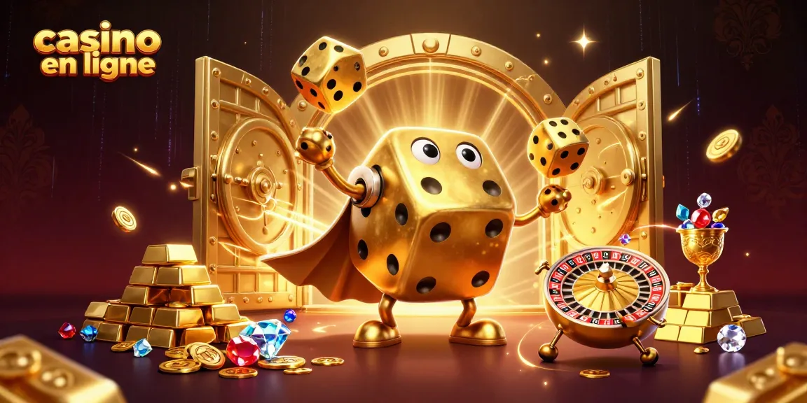 Jouer dans un casino en ligne avec plaisir et éclat, entouré de trésors dorés et de dés animés.