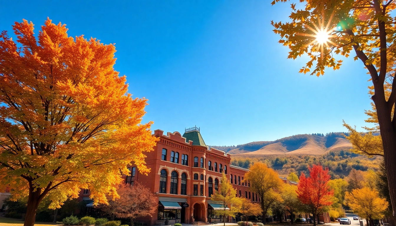 Clarksburg city scene featuring historic architecture and colorful autumn foliage.
