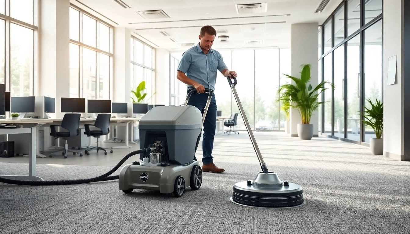 Enhancing commercial carpet cleaning services in a bright office setting with advanced equipment.