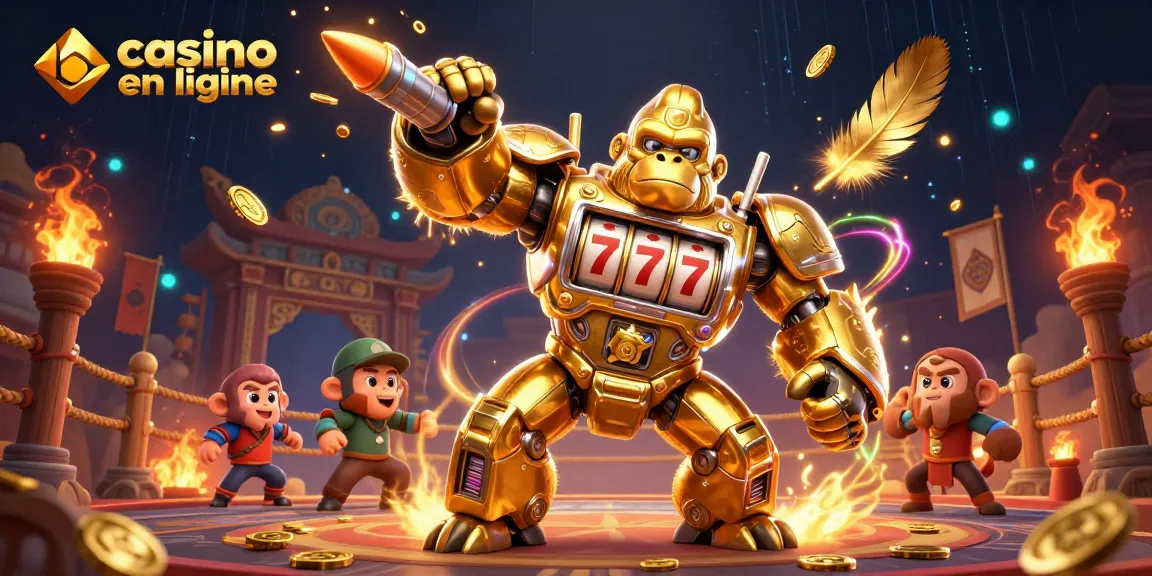 Vivez l'expérience du casino en ligne avec un gorille mech victorieux parmi les pièces d'or et les effets lumineux.