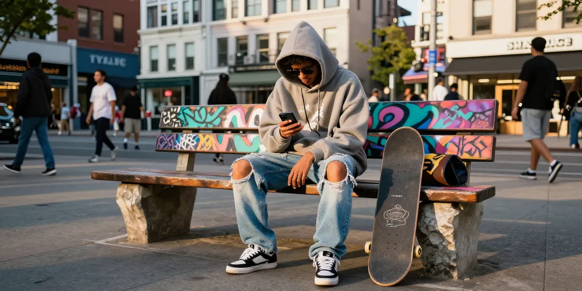 Vibrant urban fashion scene showcasing stylish individual engaging with shs-dome5.com