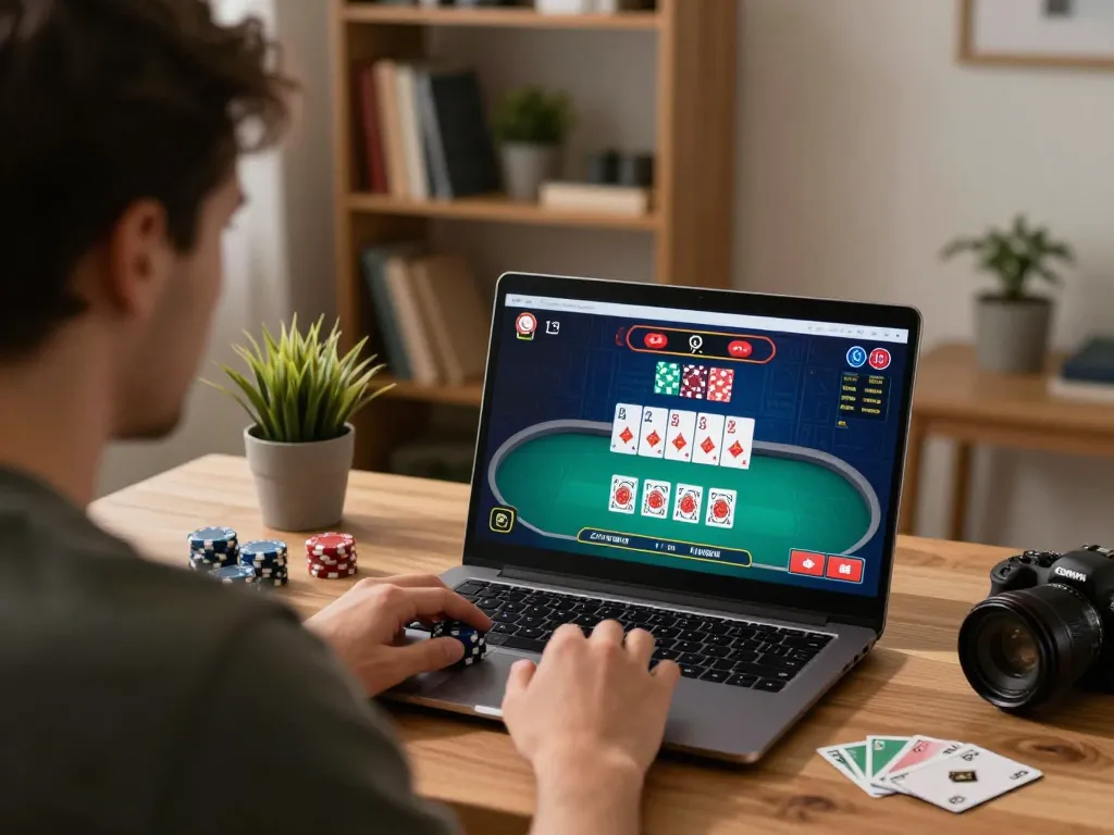 Player strategizing on 388bet poker game interface at home, showcasing intense focus and engagement.