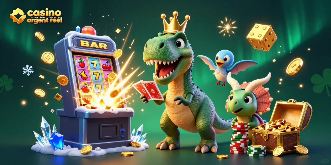 Jouer au casino en ligne argent réel avec un T-Rex et des dinosaures amusants dans une scène dynamique.