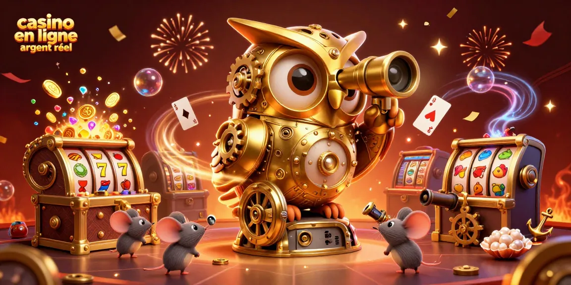 Gagnez avec le casino en ligne argent réel en observant un hibou doré sur un slot rempli de trésors.