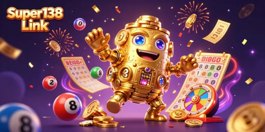 Engage with the vibrant Super138 Link, featuring a golden golem and lottery elements in a colorful casino scene.