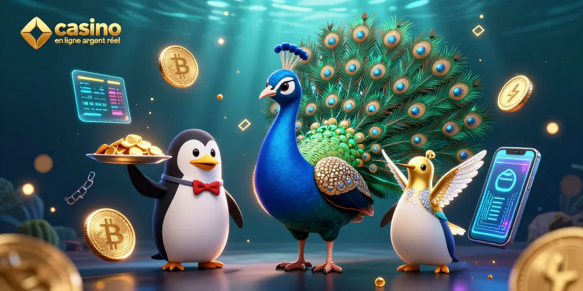 Profitez d'une illustration animée mettant en valeur le casino en ligne argent réel avec un paon, un pingouin d'affaires et un colibri en pleine action.