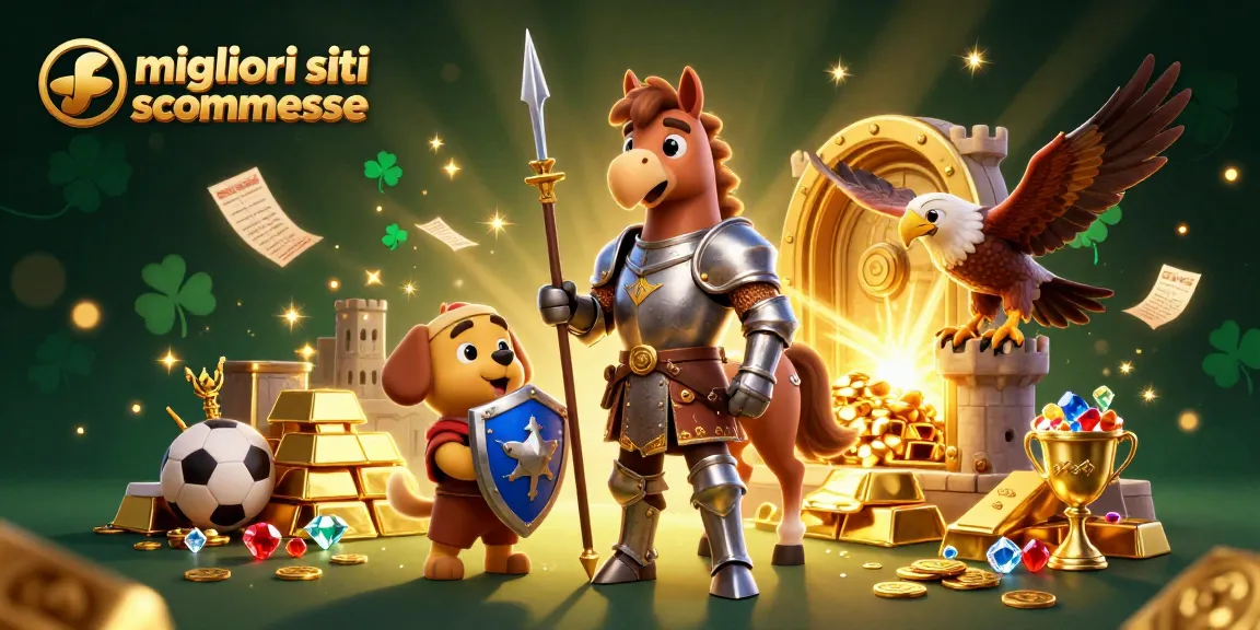 Scopri i migliori siti scommesse, con un cavaliere e un cucciolo tra trofei e biglietti da gioco.