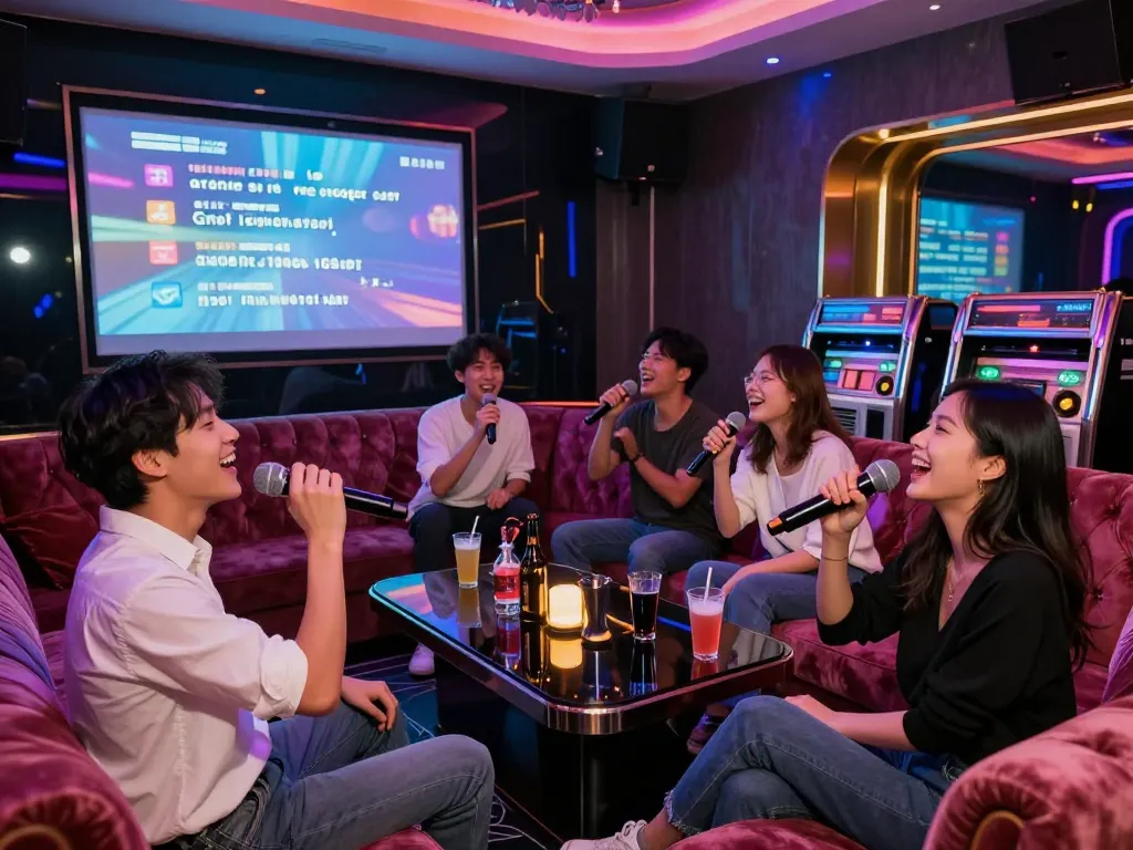젊은이들이 즐겁게 밤을 보내는 https://www.gangnamtune.com/perfect의 에너지 넘치는 분위기를 보여주는 활기찬 노래방 장면.