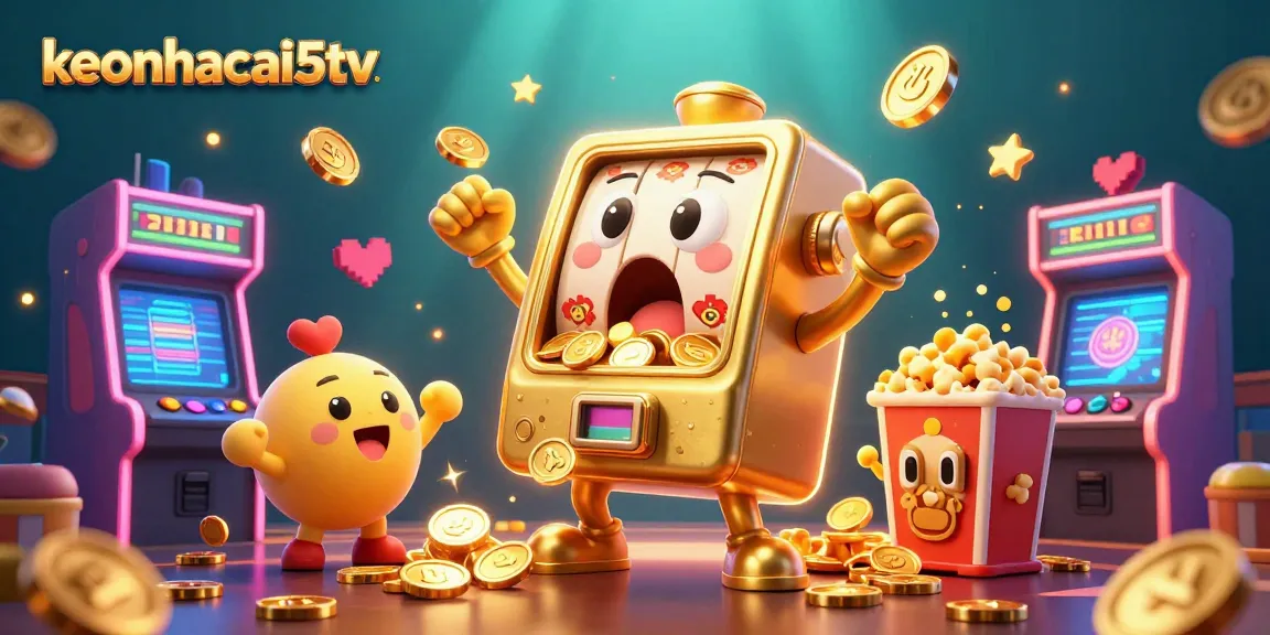Experience the excitement of keonhacai5tv as the golden slot machine hits a jackpot amidst vibrant gaming elements.