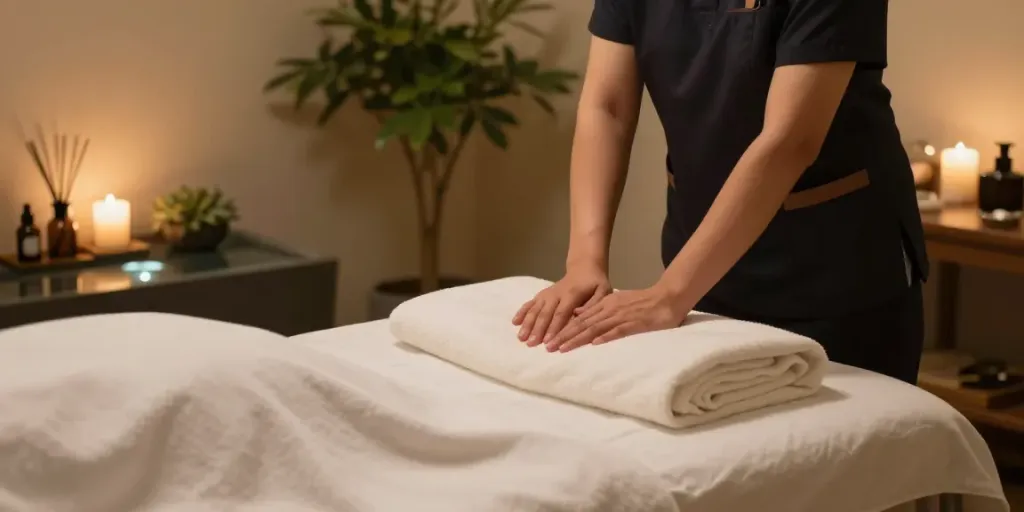 Relaxing scene of a 목동출장마사지 therapy setup with calming lights and aromatic oils