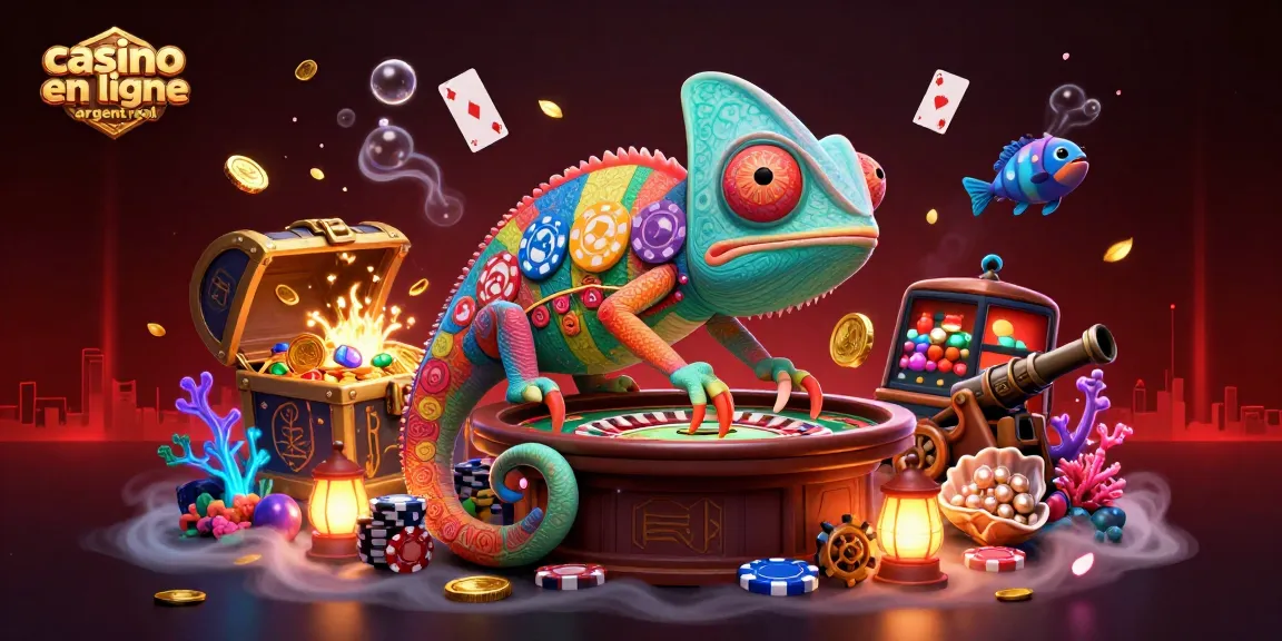 Jeu de casino en ligne argent réel illustré par un caméléon géant attrapant des pièces d'or, ambiance vibrante.