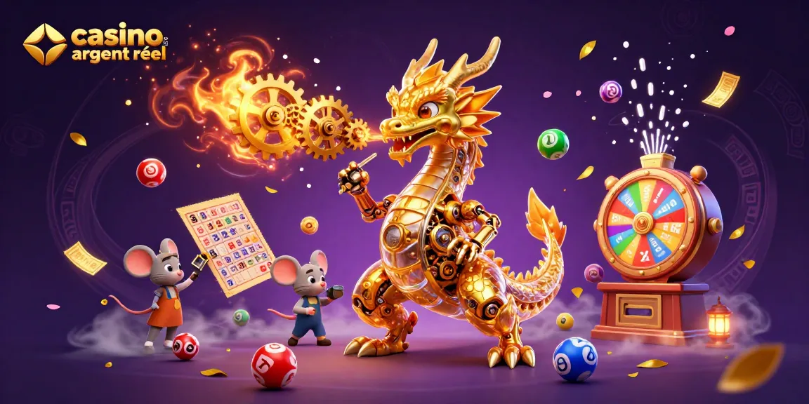 Obtenez des gains avec le casino en ligne argent réel à travers ce dragon doré et des éléments de jeu colorés.