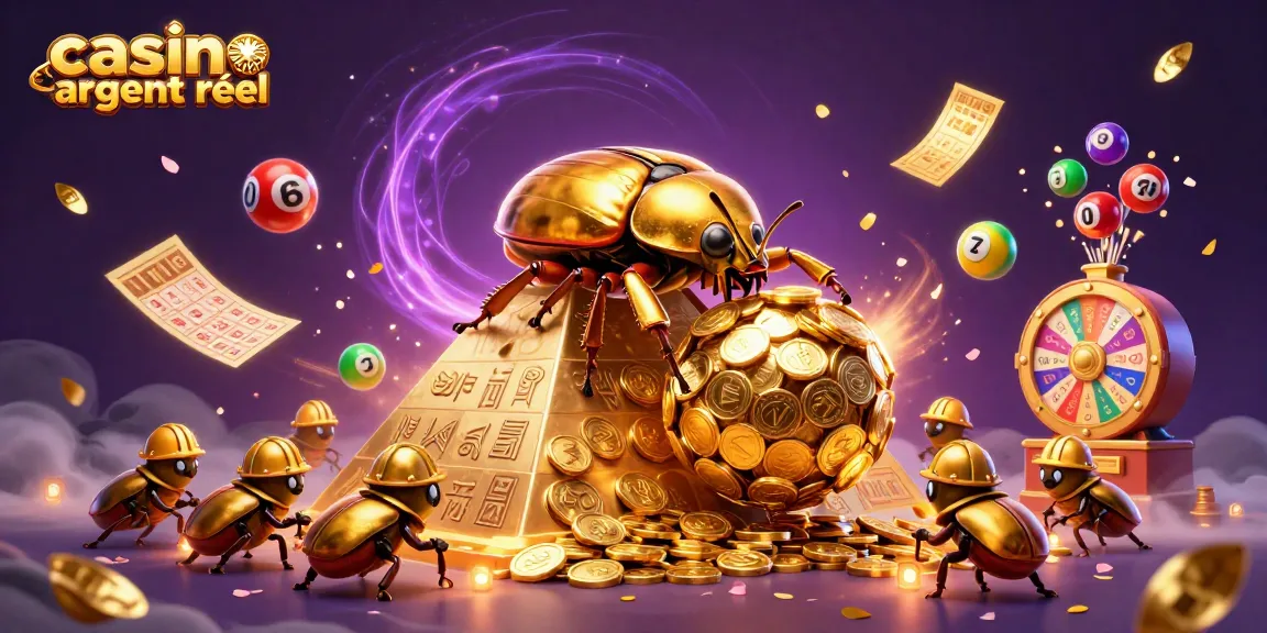 Découvrez un univers animé de casino en ligne argent réel avec des insectes dorés et des éléments ludiques.