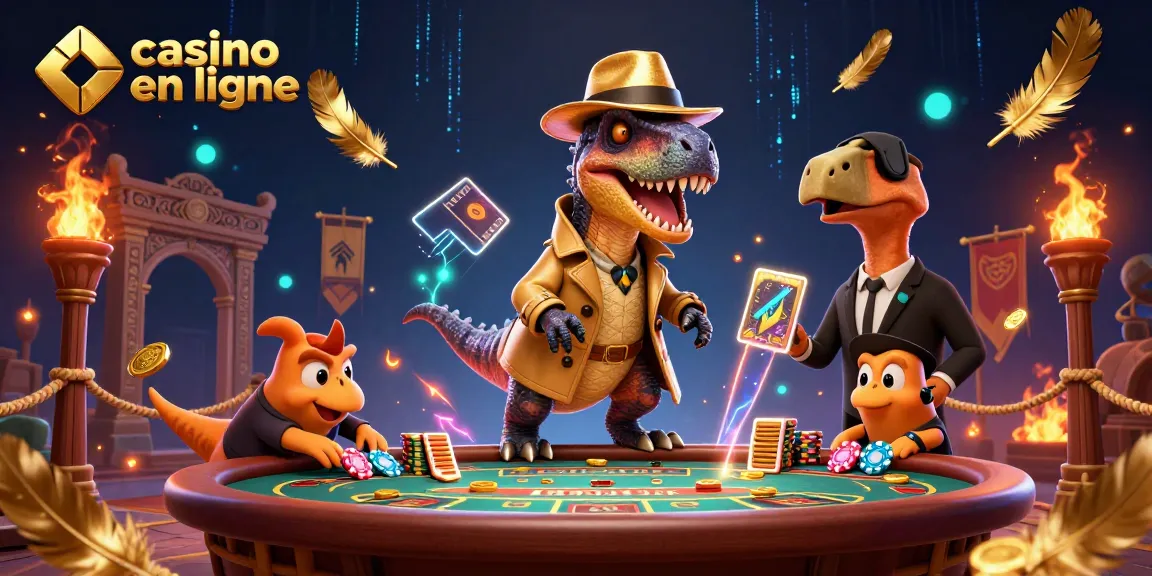 Le velociraptor compte avec discrétion dans un casino en ligne animé, entouré de jetons et de feux d'artifice.