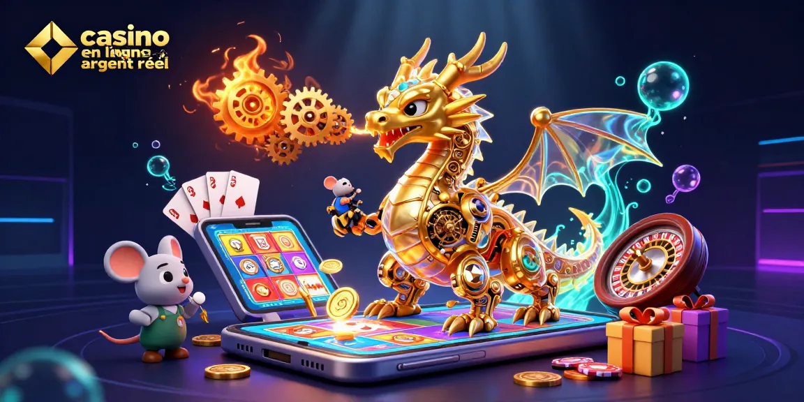 Visualisez un dragon doré mécanique à l'intérieur d'un casino en ligne argent réel, entouré de jeux et de jetons.