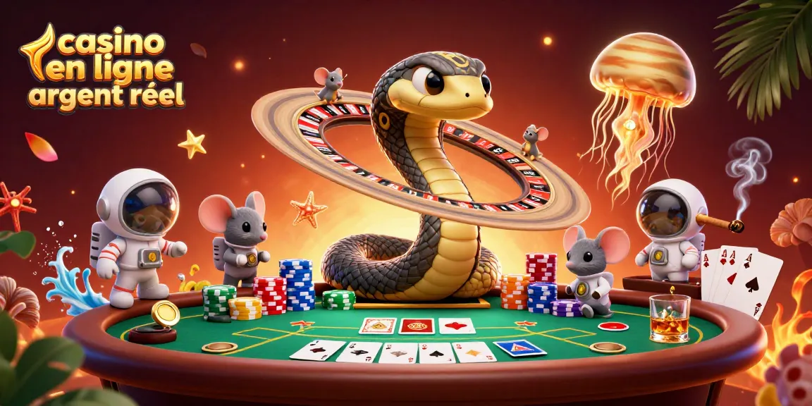 Illustration de casino en ligne argent réel montrant un serpent de Saturne et des souris astronautes pariant.