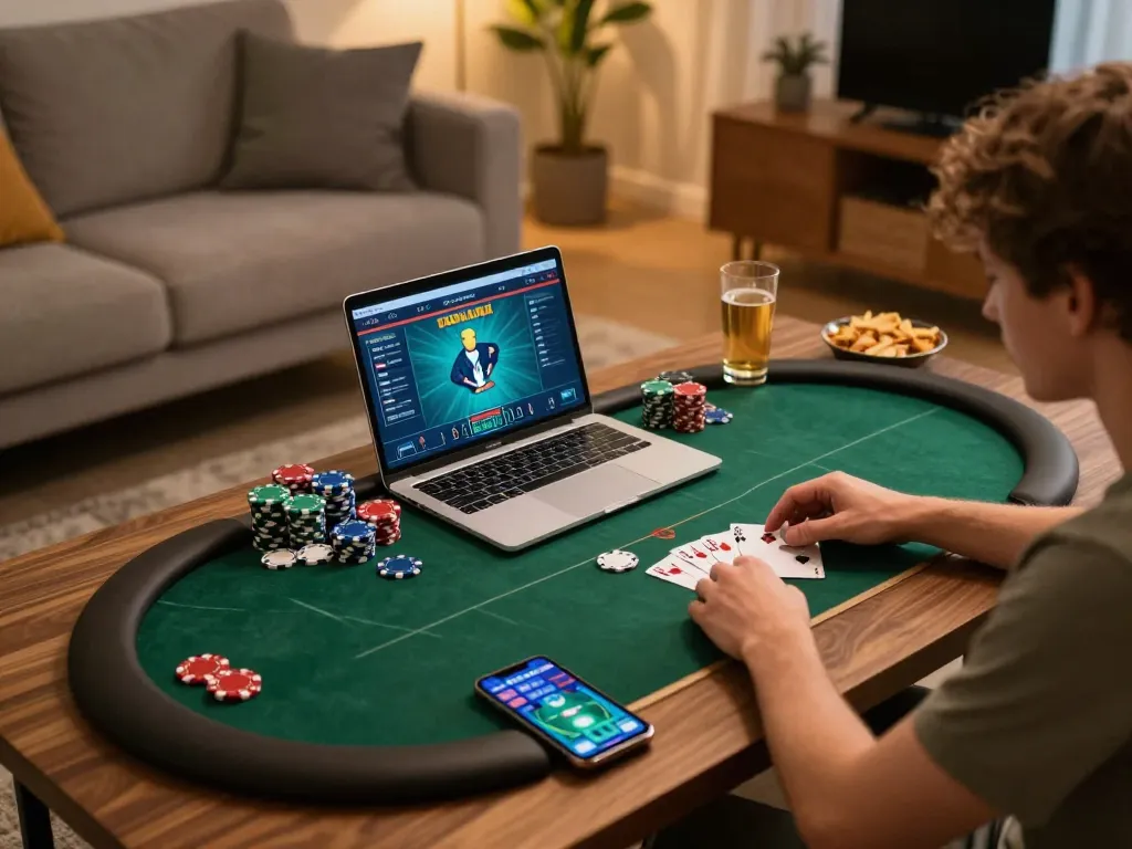 Pemain poker online yang menarik di rumah, dengan pemain di laptop dan chip berserakan di sekitarnya.