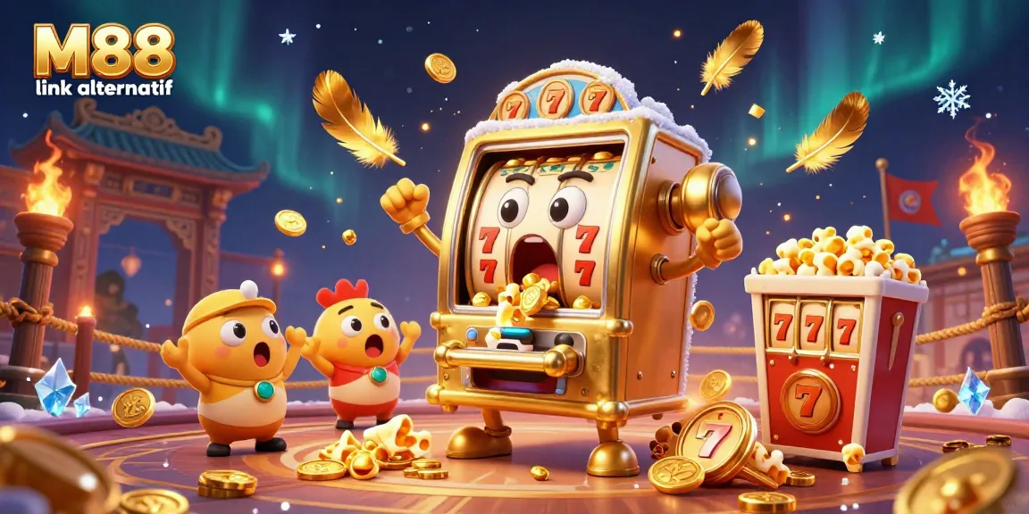 M88 link alternatif showcases a vibrant 3D scene with a golden slot machine hitting a jackpot, surrounded by cheering companions and dynamic casino elements.
